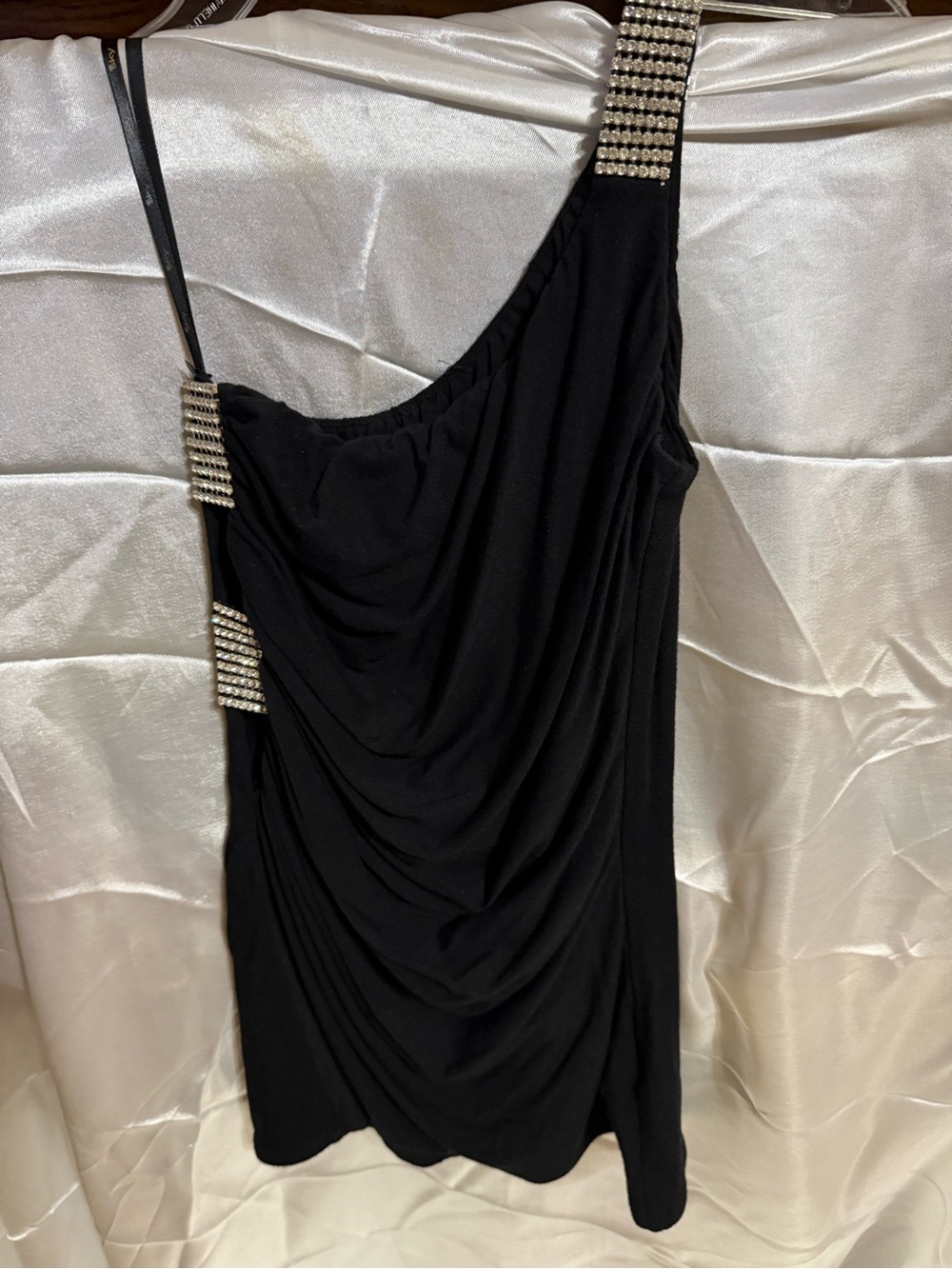“Sky” Black One-Shoulder Draped Dress with Rhinestone Straps